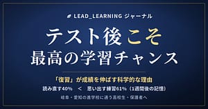 紺色グラデ背景に「テスト後こそ最高の学習チャンス」と白・金文字で書かれたリード予備校のアイキャッチ画像。サブコピーに復習の科学的効果を示すデータを記載