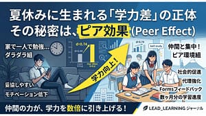 夏休みの学力差を生む「ピア効果（Peer Effect）」を解説したアイキャッチ画像。家で一人でスマホを見る生徒と、仲間と集中して教え合う生徒たちの対比図。