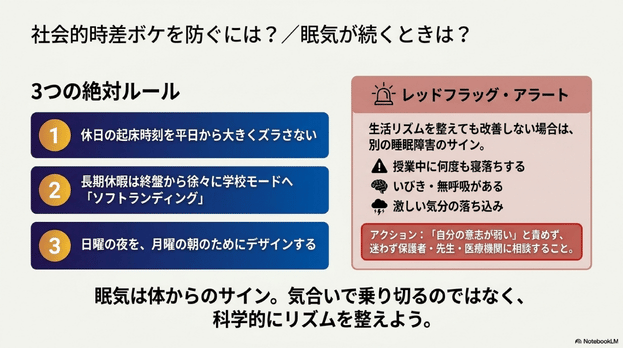 社会的時差ボケを防ぐ3つのルールと、眠気が続く場合のレッドフラッグを示した解説スライド