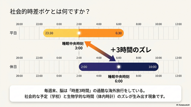 平日と休日の睡眠時間帯を比較し、睡眠中央時刻が3時間ずれる社会的時差ボケの例を示したスライド