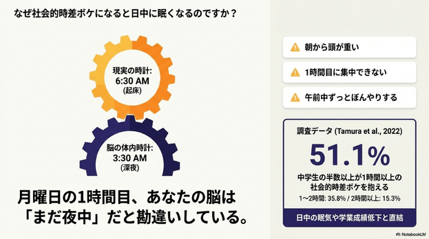 平日の起床時刻と休日の睡眠中央時刻のズレにより、月曜朝に脳がまだ夜中だと勘違いする仕組みを示したスライド