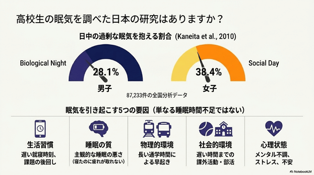 日本の高校生の眠気に関する研究データと、生活習慣・睡眠の質・通学環境・社会的環境・心理状態の要因を示したスライド