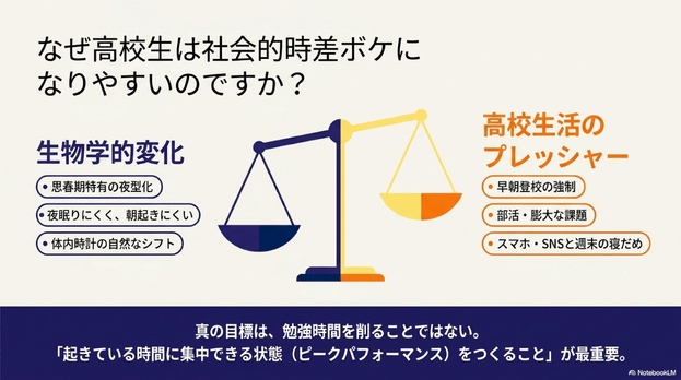 高校生が社会的時差ボケになりやすい理由を、生物学的変化と高校生活のプレッシャーの両面から説明したスライド
