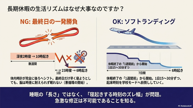 長期休暇の最終日に急に早起きするのではなく、1週間前から少しずつ起床時刻を戻すソフトランディングを説明したスライド
