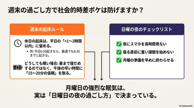 週末の起床ルールと日曜夜のチェックリストで社会的時差ボケを予防する方法を示したスライド