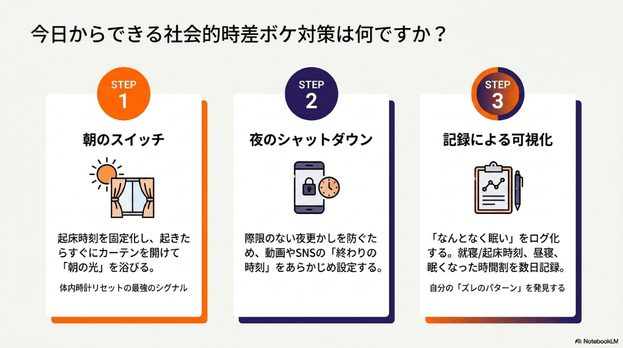 朝のスイッチ、夜のシャットダウン、記録による可視化の3ステップを示した社会的時差ボケ対策スライド
